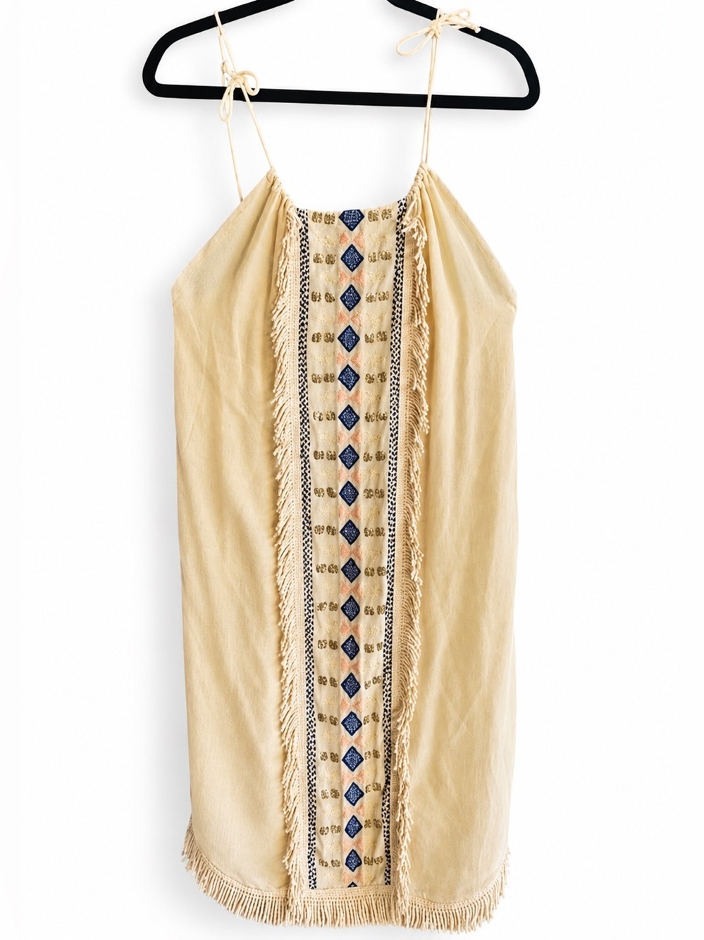 Pepin By Anthropologie Silk Cream Slip Dress with Embroidery and Fringe